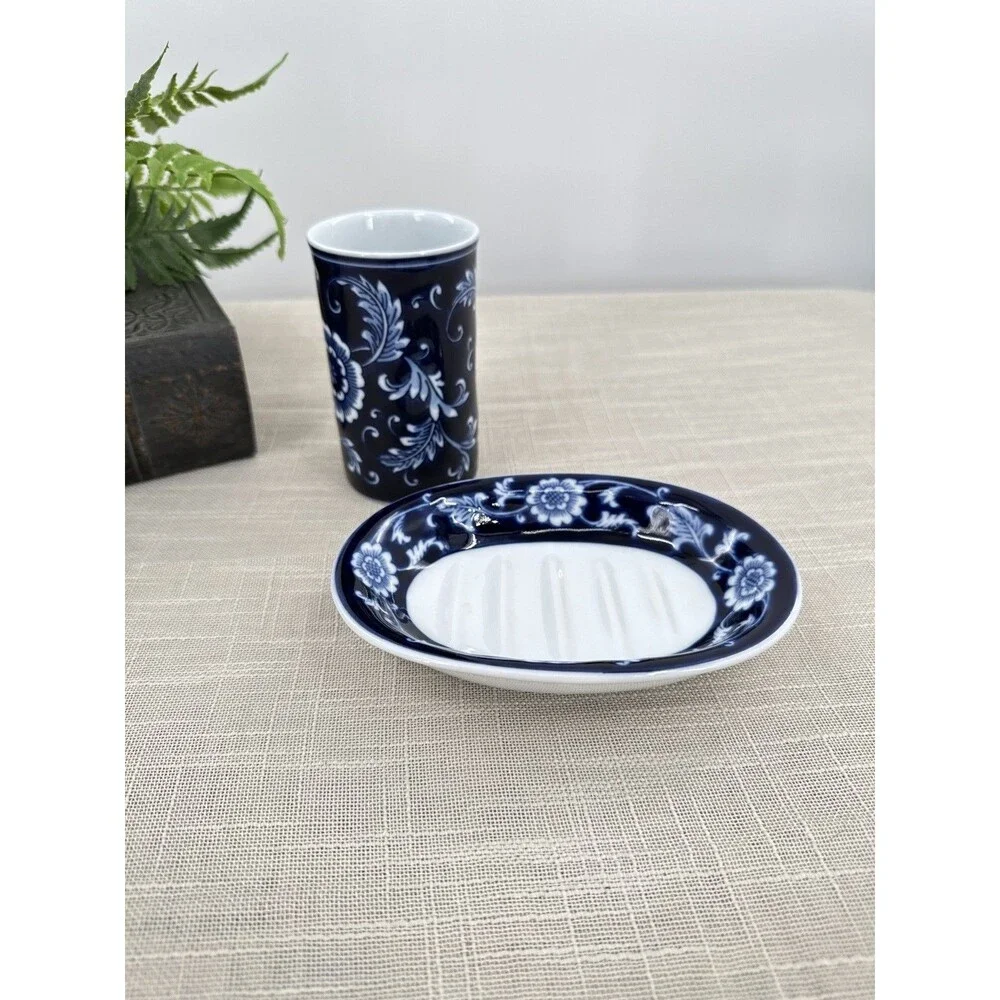 Pier 1 Imports Mandarin Cobalt Blue & White Soap Dish and Cup Toothbrush Holder